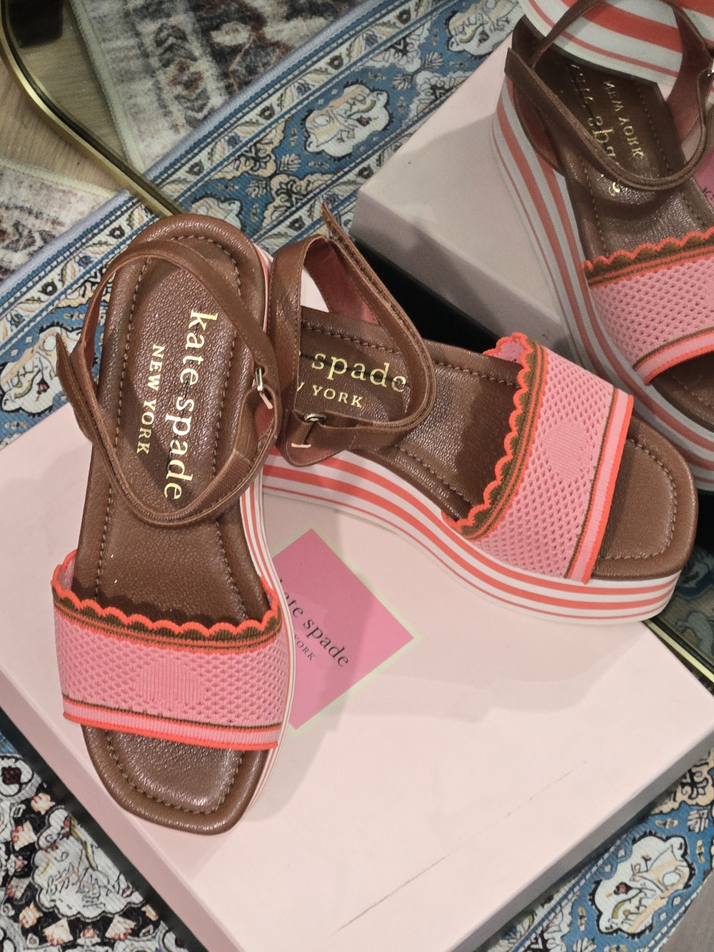 Kate Spade Highrise Spade Pink Striped Platform Sandals | Size 8 | Original Box